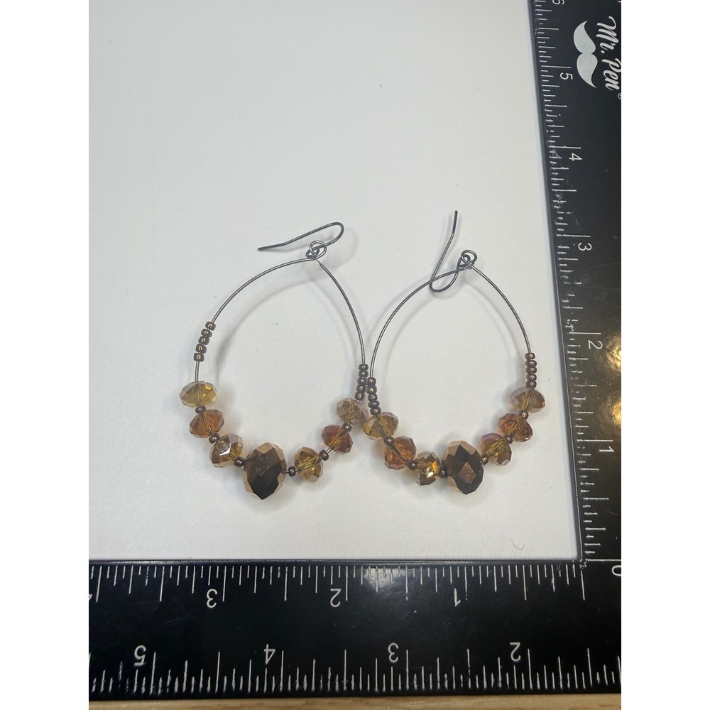 Amber Bronze Beaded Hoop Earrings Faceted Glass Teardrop Boho Dangle Brown Gold